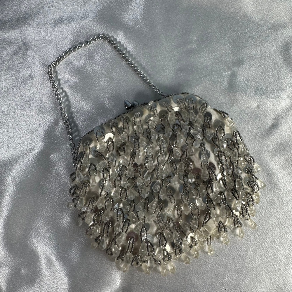 Vintage Elephant Label Evening Bag Women Small Silver Beaded Sequin Glam Clutch